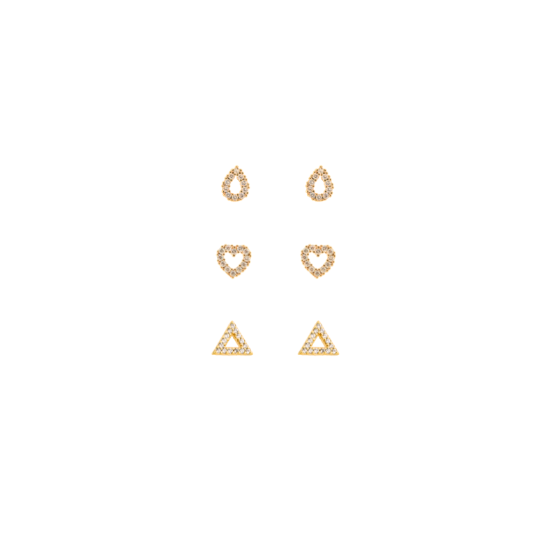 TRIO BRINCOS MINIMALISTA GOTA CORACAO TRIANGULO