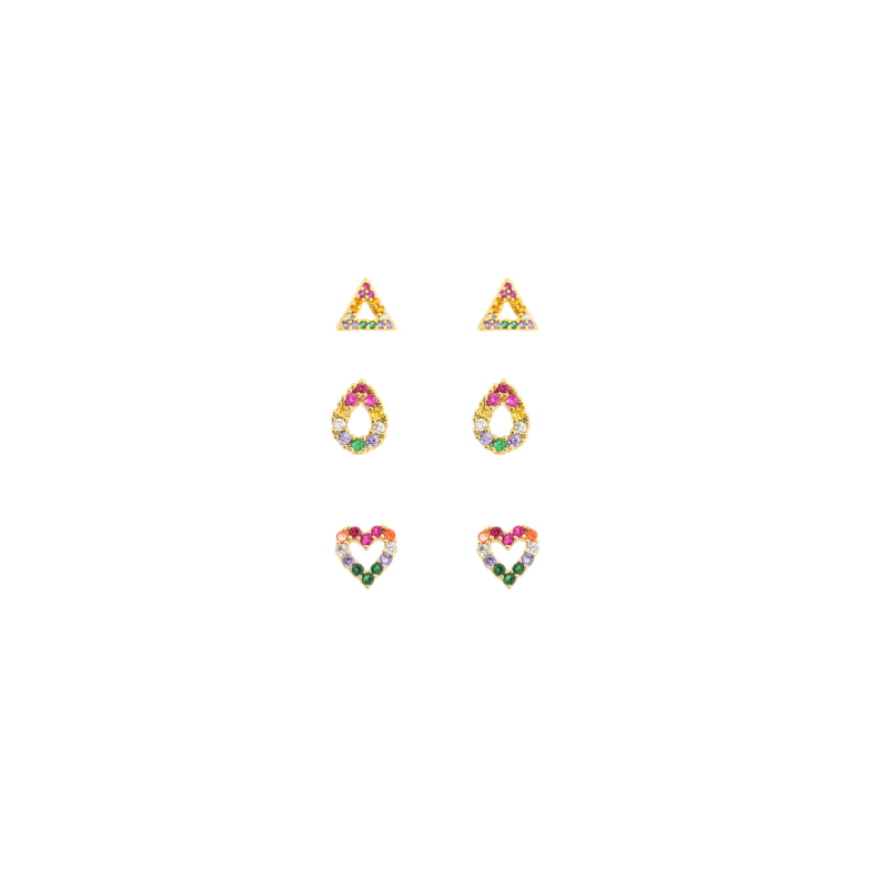 TRIO CORACAO GOTA E TRIANGULO ZIRCONIAS COLORIDAS